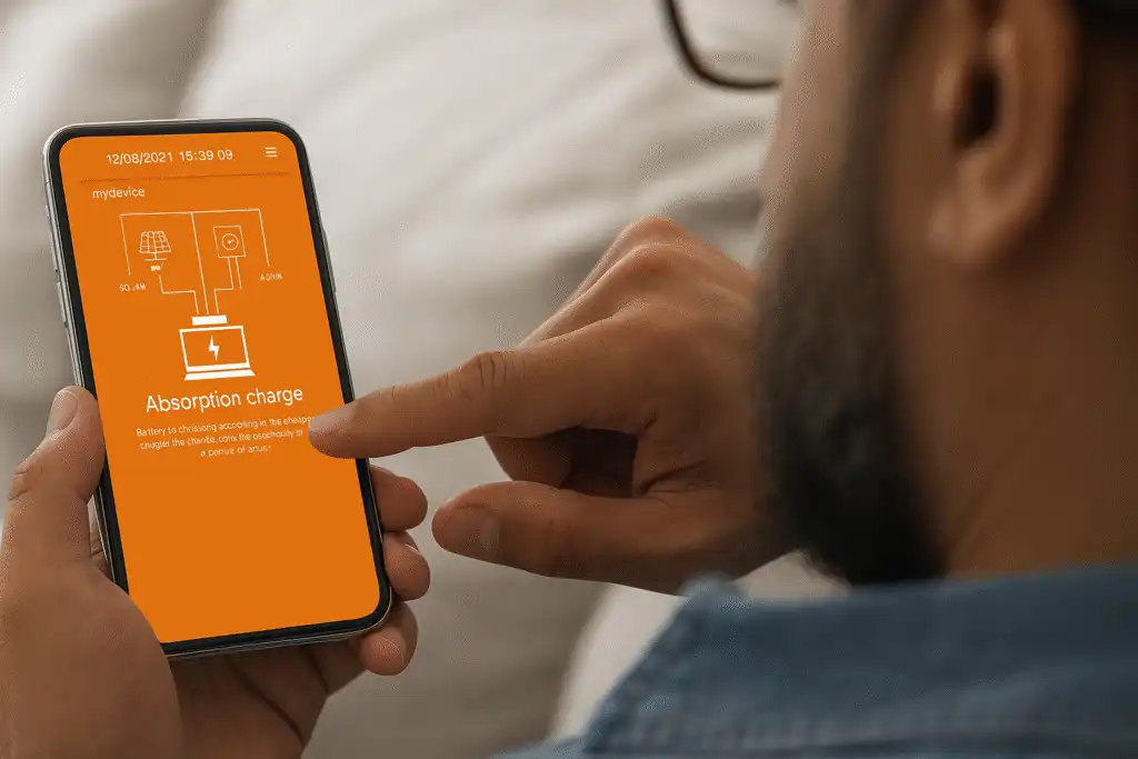 Un uomo tiene in mano uno smartphone con lo schermo acceso che mostra un'interfaccia arancione relativa alla carica della batteria e un diagramma di un sistema solare.