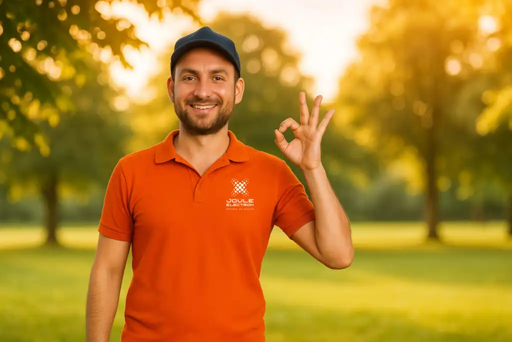 Un uomo sorridente con un cappellino blu e una polo arancione con il logo "JOULE ELECTRON" fa il gesto "OK" con la mano, su uno sfondo sfocato di alberi illuminati dal sole.