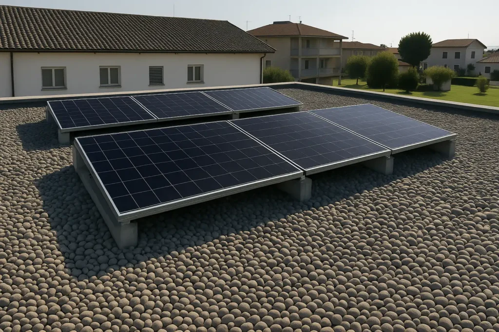 Pannelli solari scuri installati su un tetto piano coperto di ghiaia chiara, con un edificio residenziale sullo sfondo.