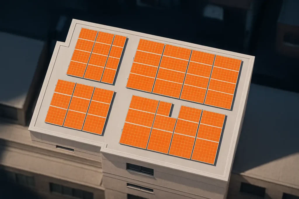 Vista dall’alto di un edificio con pannelli fotovoltaici arancioni installati sul tetto piano, accanto a un’unità HVAC, esempio di impianto solare urbano su misura.