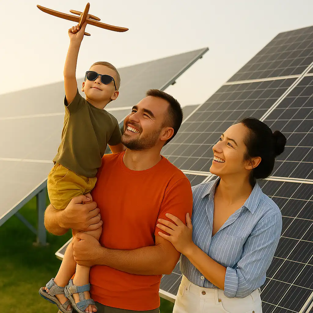 Famiglia sorridente con bambino che gioca con un aeroplano di legno davanti a pannelli solari, simbolo di futuro sostenibile ed energia rinnovabile.