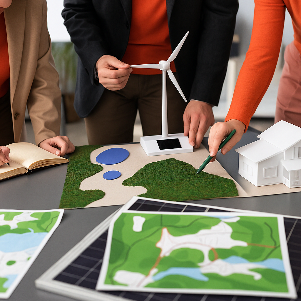 Tre persone intorno a un tavolo che esaminano un modello di paesaggio con una turbina eolica e un modello di casa, con mappe e pannelli solari sul tavolo.
