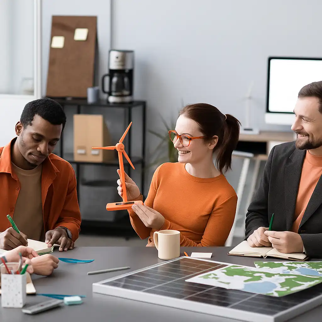 Tre persone sono sedute attorno a un tavolo da conferenza; una donna sorridente al centro tiene in mano un modello arancione di una pala eolica, mentre un pannello solare e una mappa sono sul tavolo.