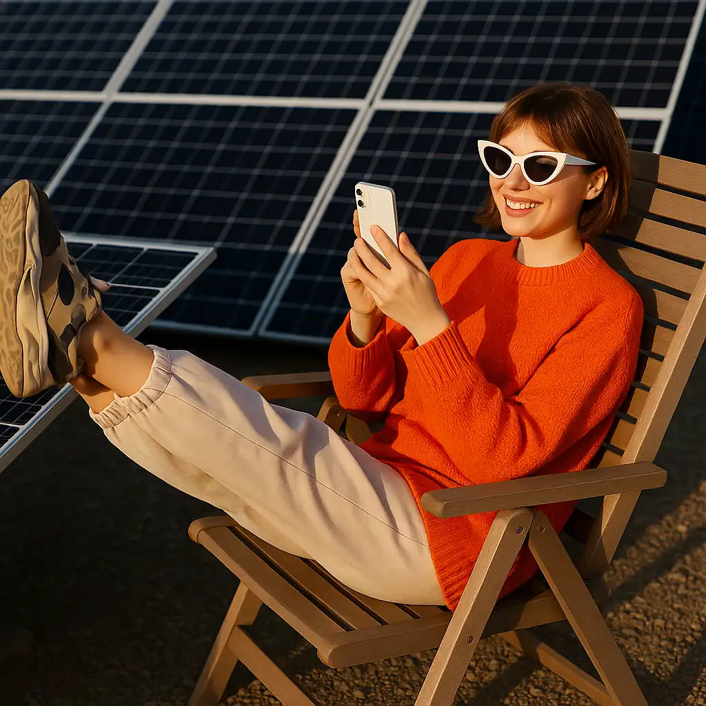 Giovane donna sorridente con occhiali da sole seduta su una sedia da esterno, rilassata mentre usa lo smartphone davanti a pannelli solari, simbolo di energia rinnovabile e sostenibilità.